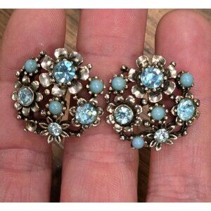 Vtg Lisner Earrings Signed Screw Back Blue Rhinestone Faux Pearl As Is